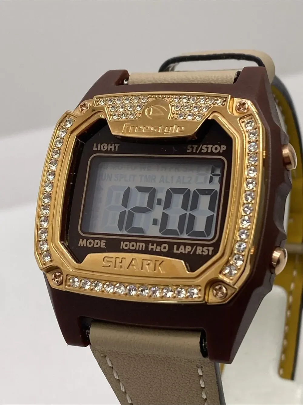 Freestyle Shark Rosegold Rhinestone Tan Leather Band Surfing Watch New Battery